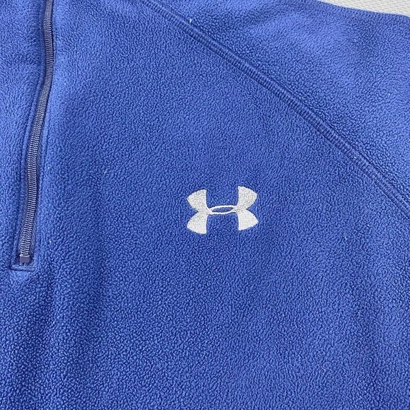 Under ARMOUR UA Fleece Sweater Men Small S Navy Blue Gray 1/4 Zip Pull Over Logo - Picture 2 of 11